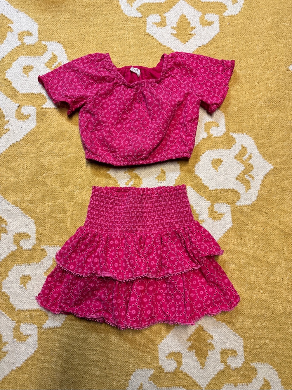 J. Crew Girls Pink Floral Ruffle Skirt Crop Top Eyelit Set
